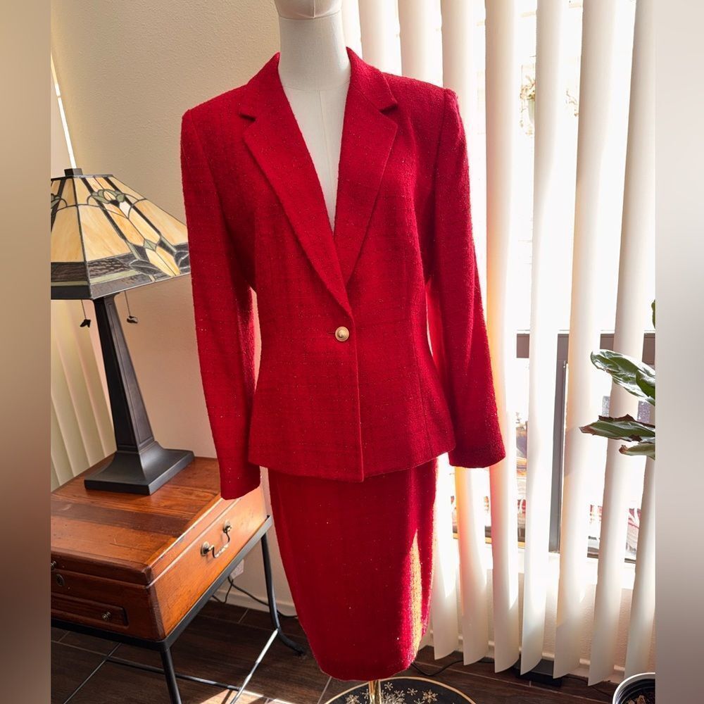Judith Hart Red Gold Sparkle Threading Bouclé Tweed Skirt Suit Blazer Size 10